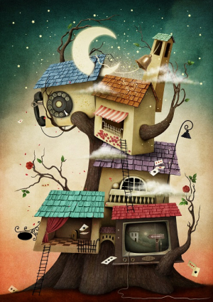 عکس با کیفیت فانتزی کلبه و ماه